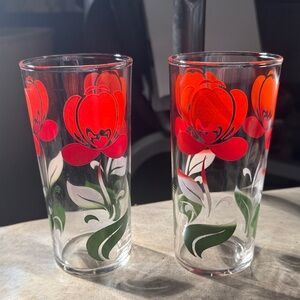 Floral Glass Tumblers with Red and Green Design